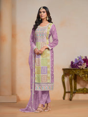 Purple Organza Embroidered  Kurti With Pant Dupatta