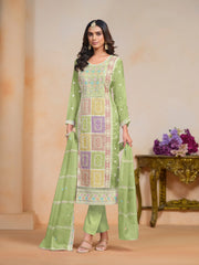 Kurti brodé en organza vert avec pantalon Dupatta