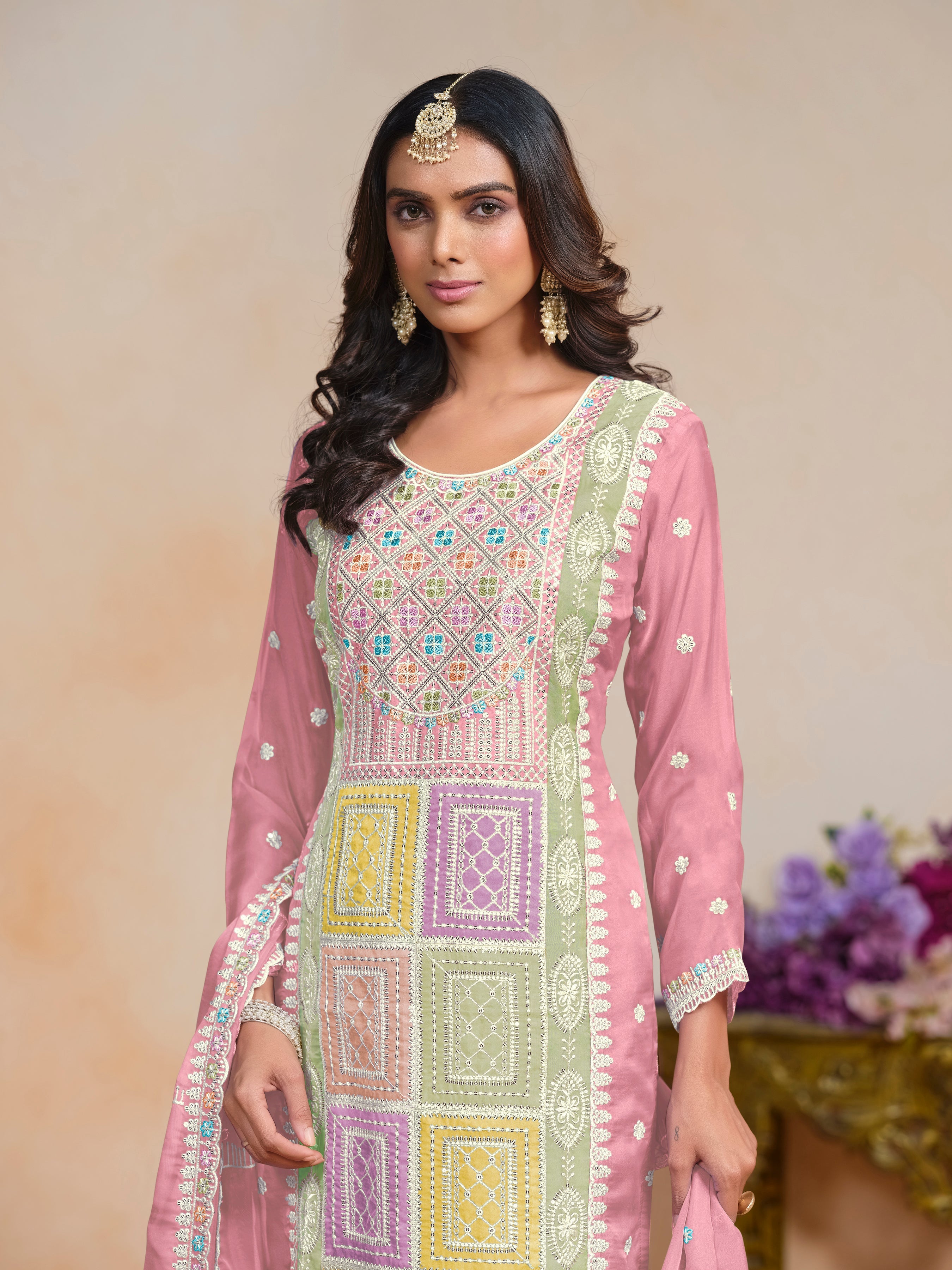 Pink Organza Embroidered  Kurti Pant Dupatta