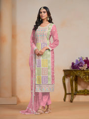 Pink Organza Embroidered  Kurti Pant Dupatta