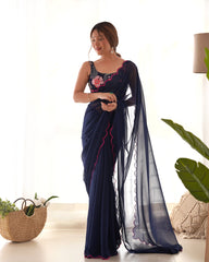 Navy Blue Georgette Embroidered Saree