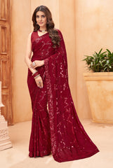 Maroon Faux Georgette Sequins Embroidered Saree