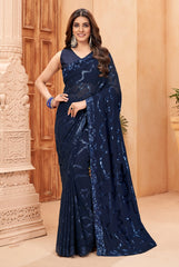 Blue Faux Georgette Sequins Embroidered Saree