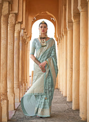 Sea Green Viscose Silk Woven Foil Printed Saree