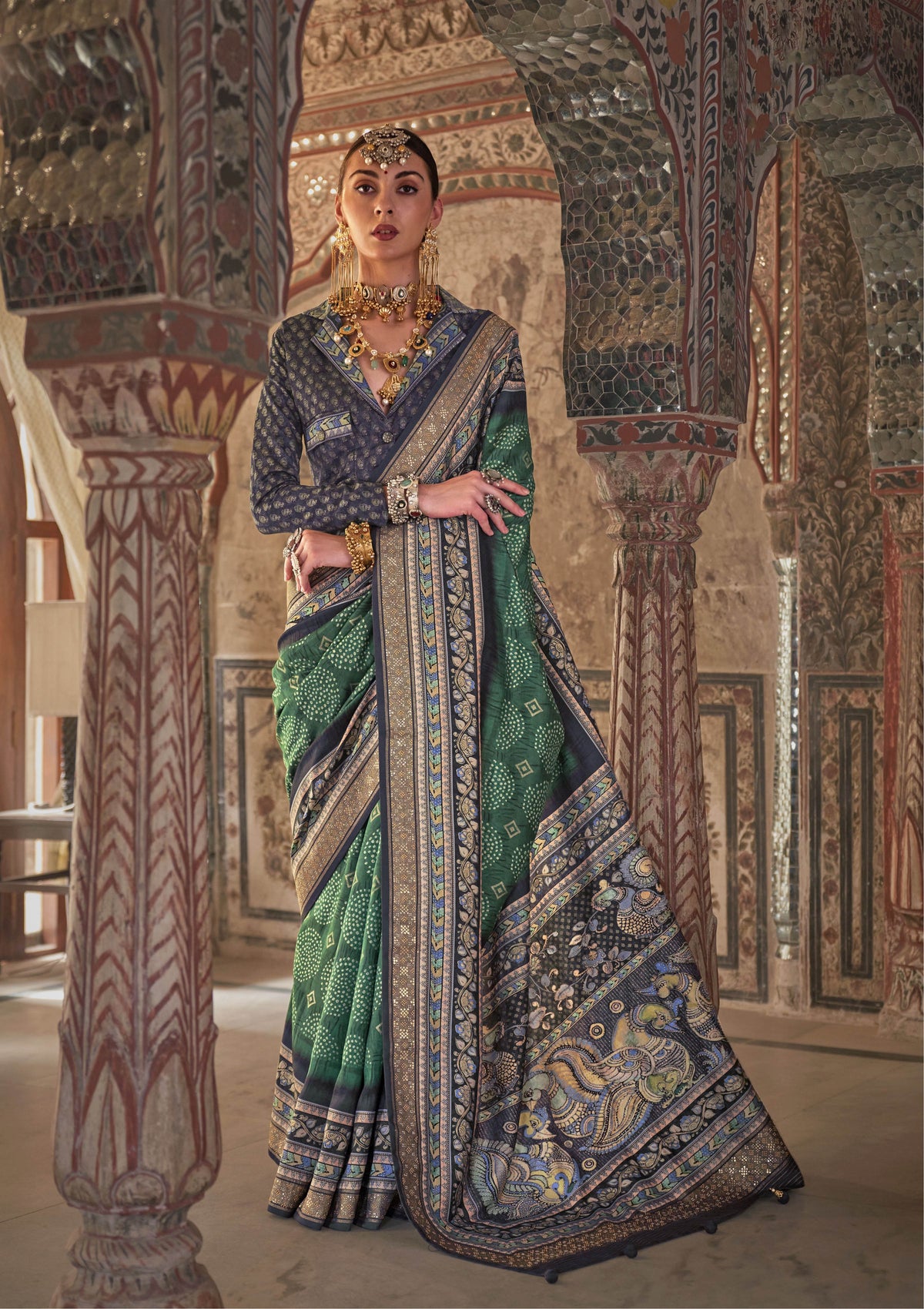 Green Viscose Silk Woven Printed Saree