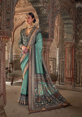 Sea Green Viscose Silk Woven Printed Saree