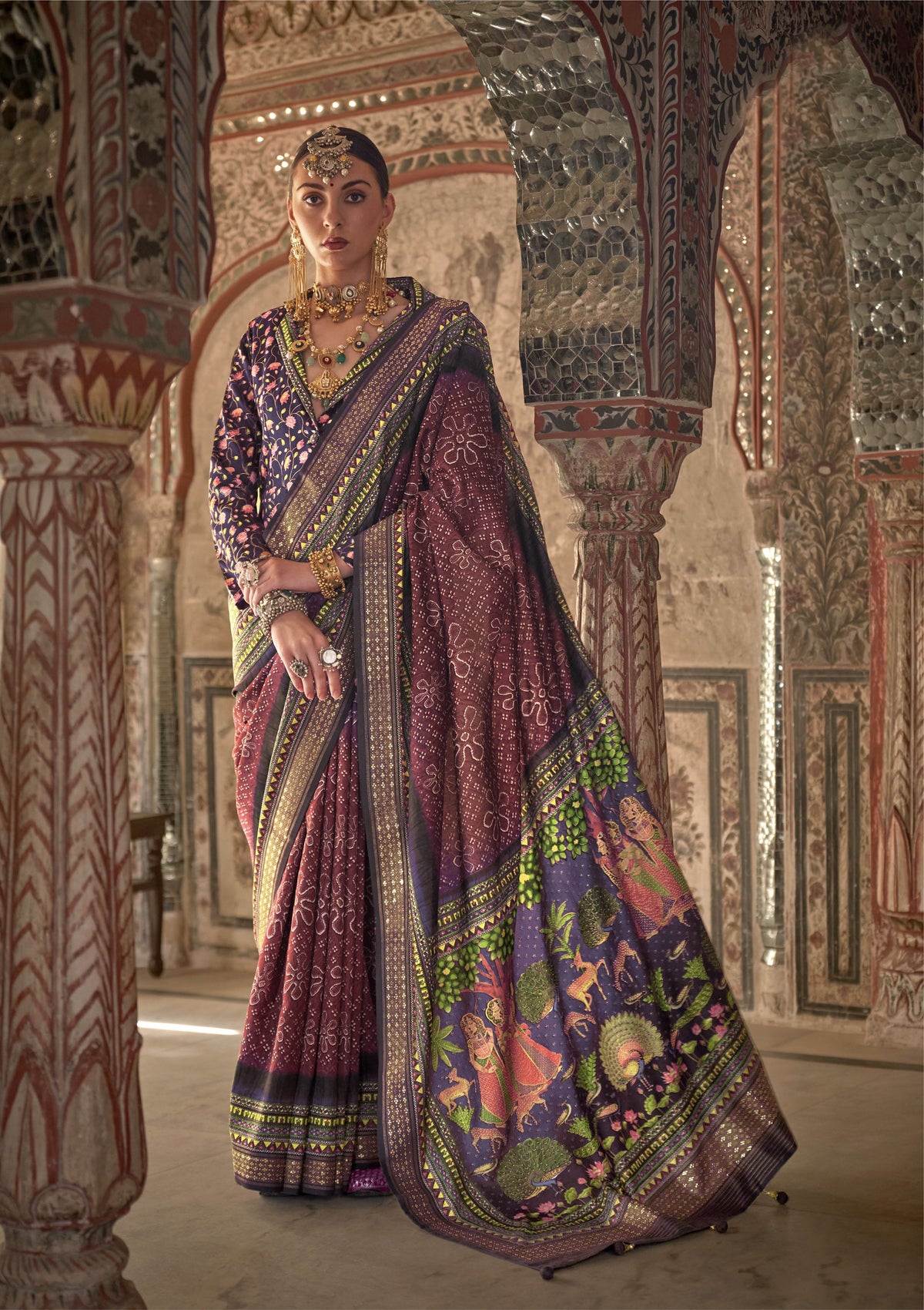 Wine Viscose Silk Woven Printed Saree