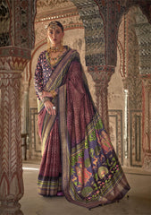 Wine Viscose Silk Woven Printed Saree