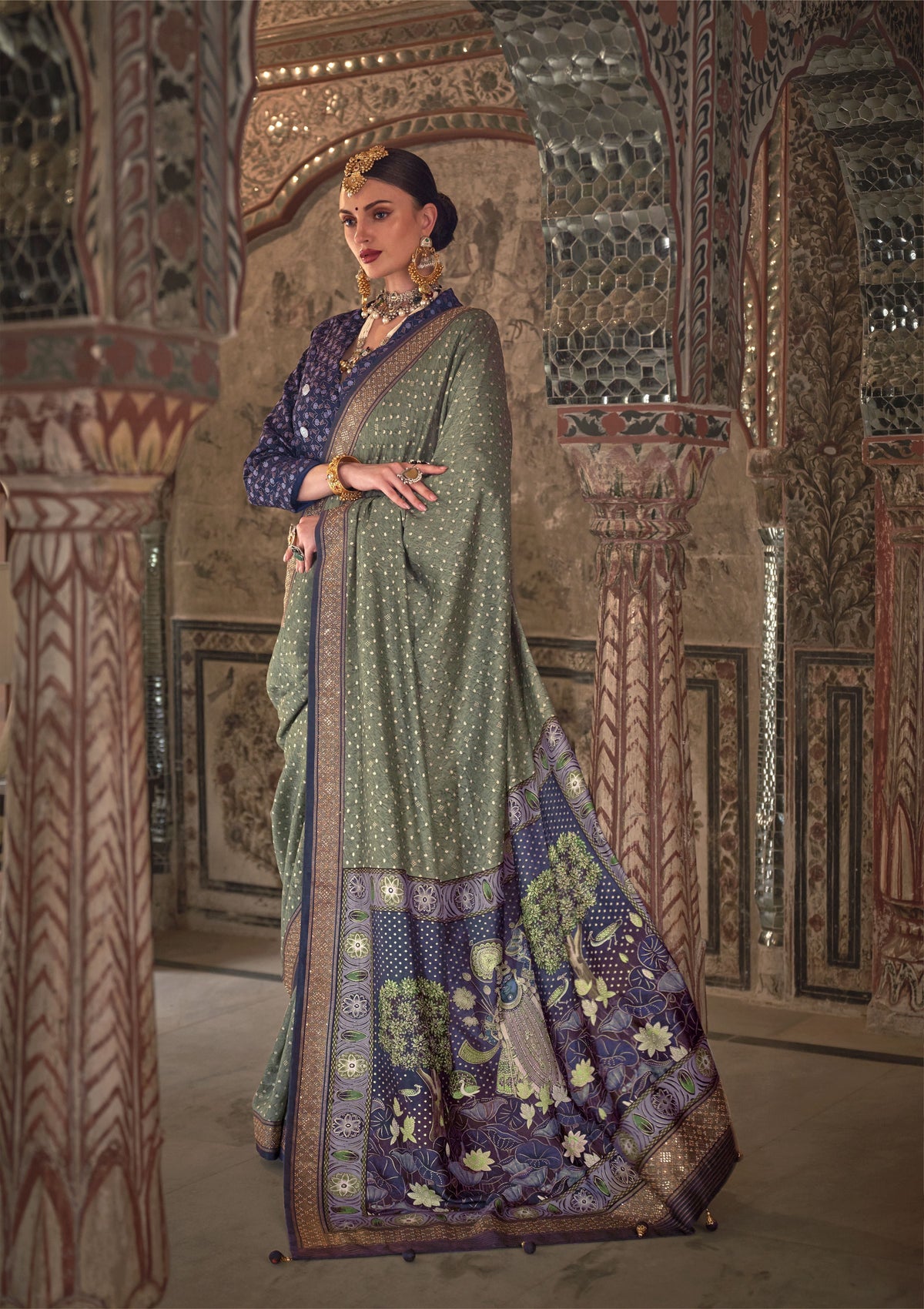 Grey Viscose Silk Woven Printed Saree