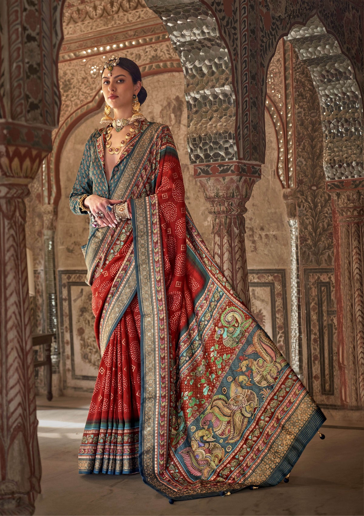 Red Viscose Silk Woven Printed Saree