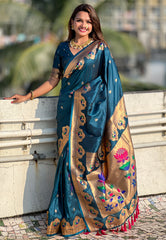 Teal Blue Paithani Silk Woven Meenakari Saree