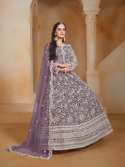 Purple Net Embroidered  Anarkali Kurti With Bottom Dupatta