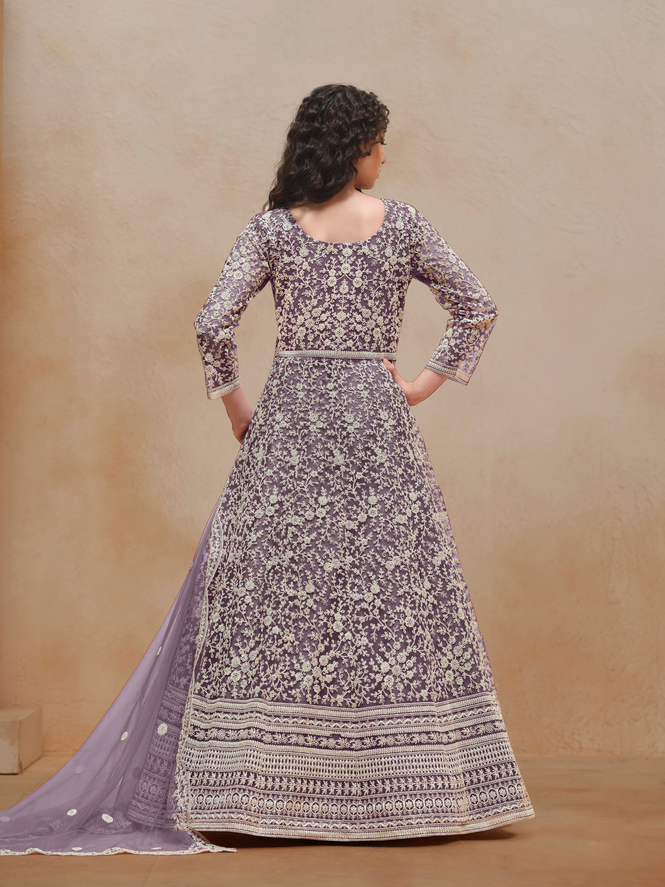 Purple Net Embroidered  Anarkali Kurti With Bottom Dupatta