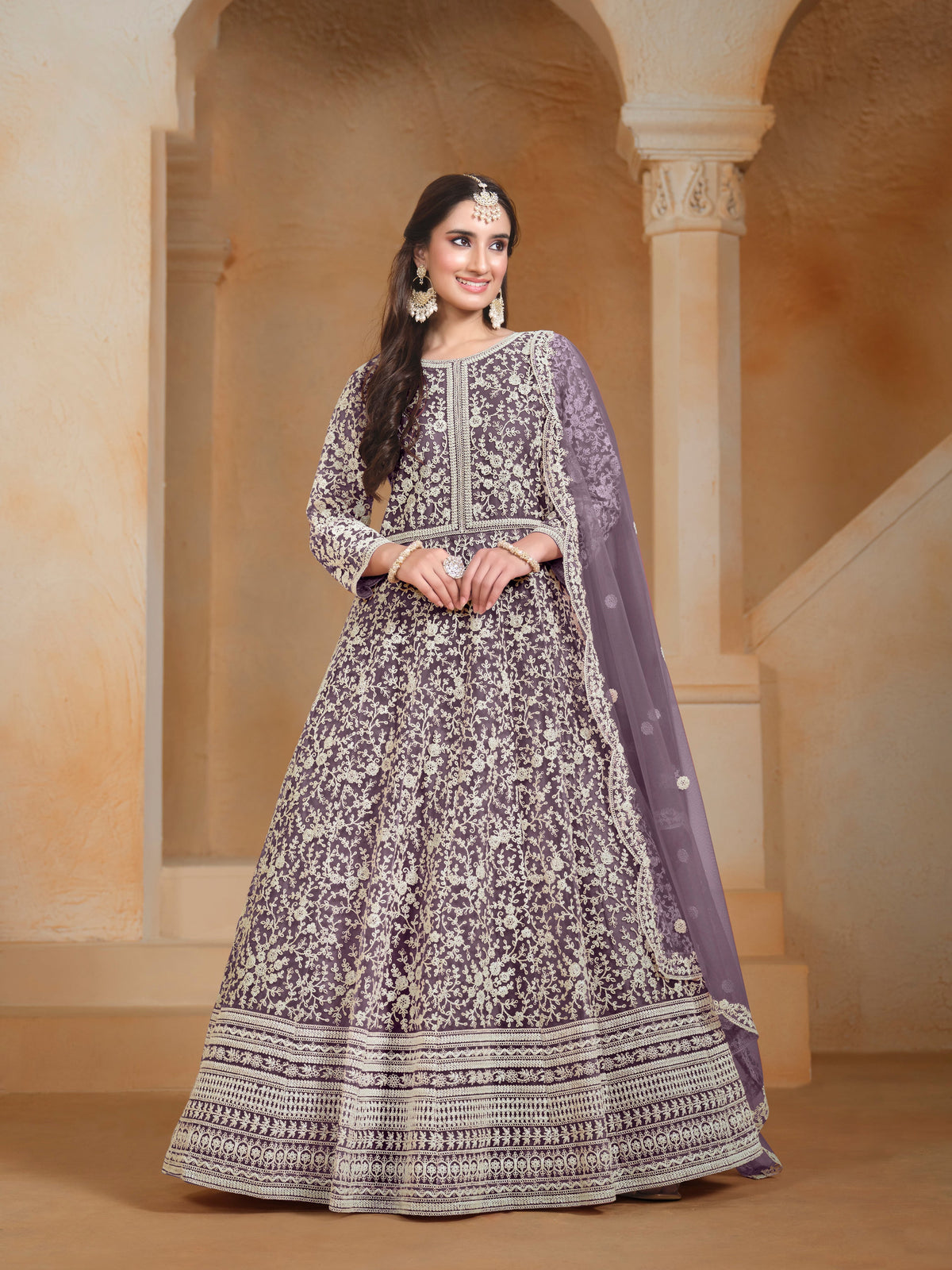 Purple Net Embroidered  Anarkali Kurti With Bottom Dupatta