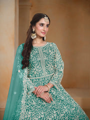 Sea Green Net Embroidered  Anarkali Kurti With Bottom Dupatta