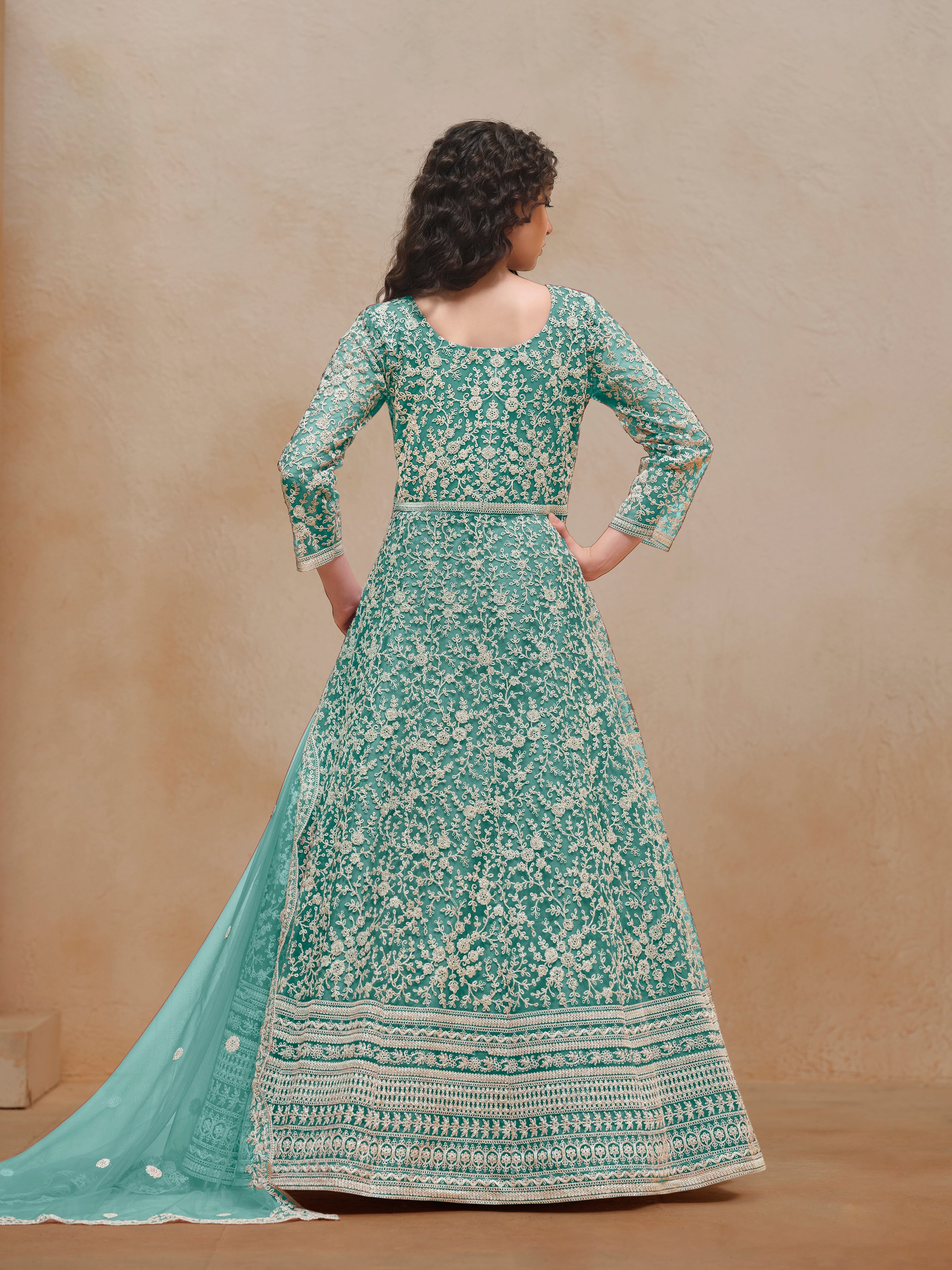 Sea Green Net Embroidered  Anarkali Kurti With Bottom Dupatta