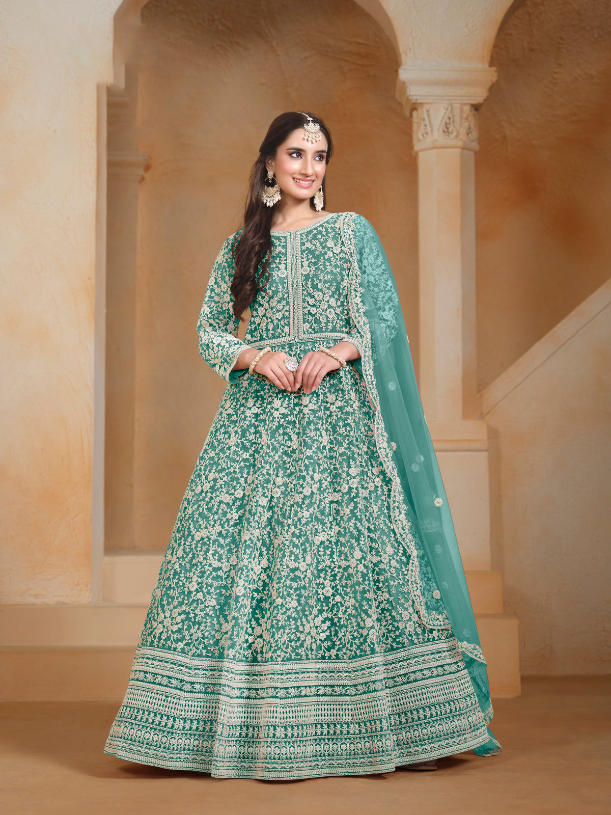 Sea Green Net Embroidered  Anarkali Kurti With Bottom Dupatta