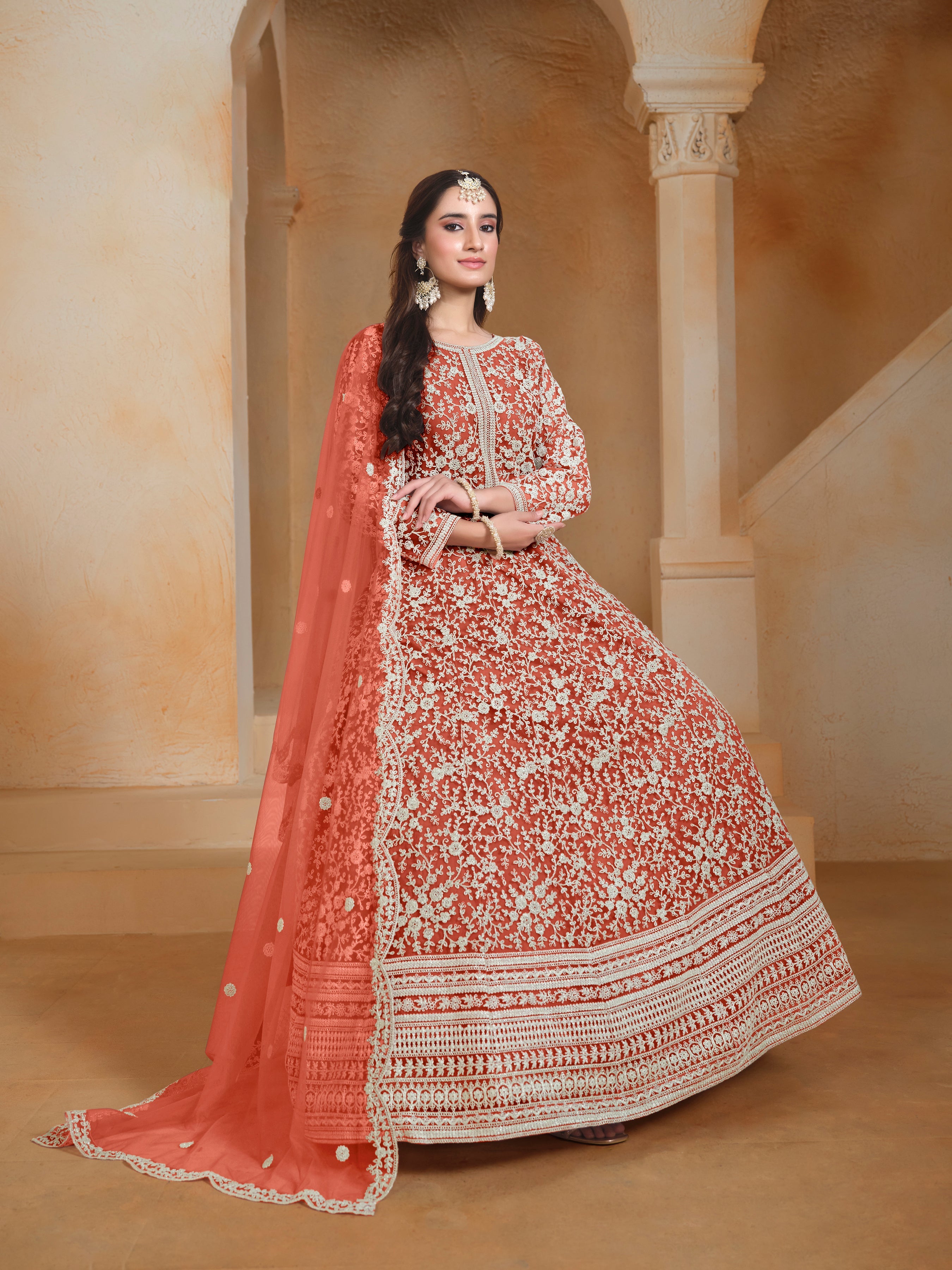 Orange Net Embroidered  Anarkali Kurti With Bottom Dupatta