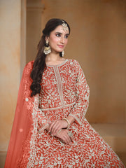 Orange Net Embroidered  Anarkali Kurti With Bottom Dupatta