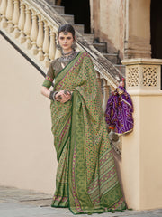 Dark Green Silk Ajrakh Printed Saree