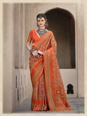 Orange Silk Ajrakh Printed Saree