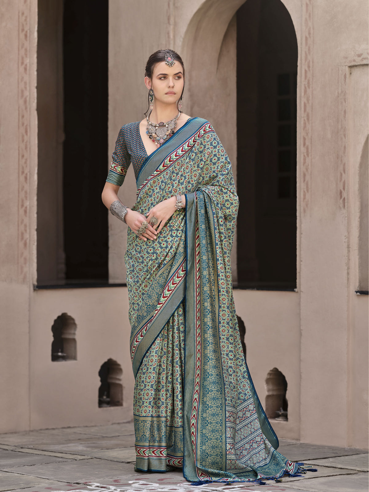 Teal Sigma Silk Ajrakh Printed Saree