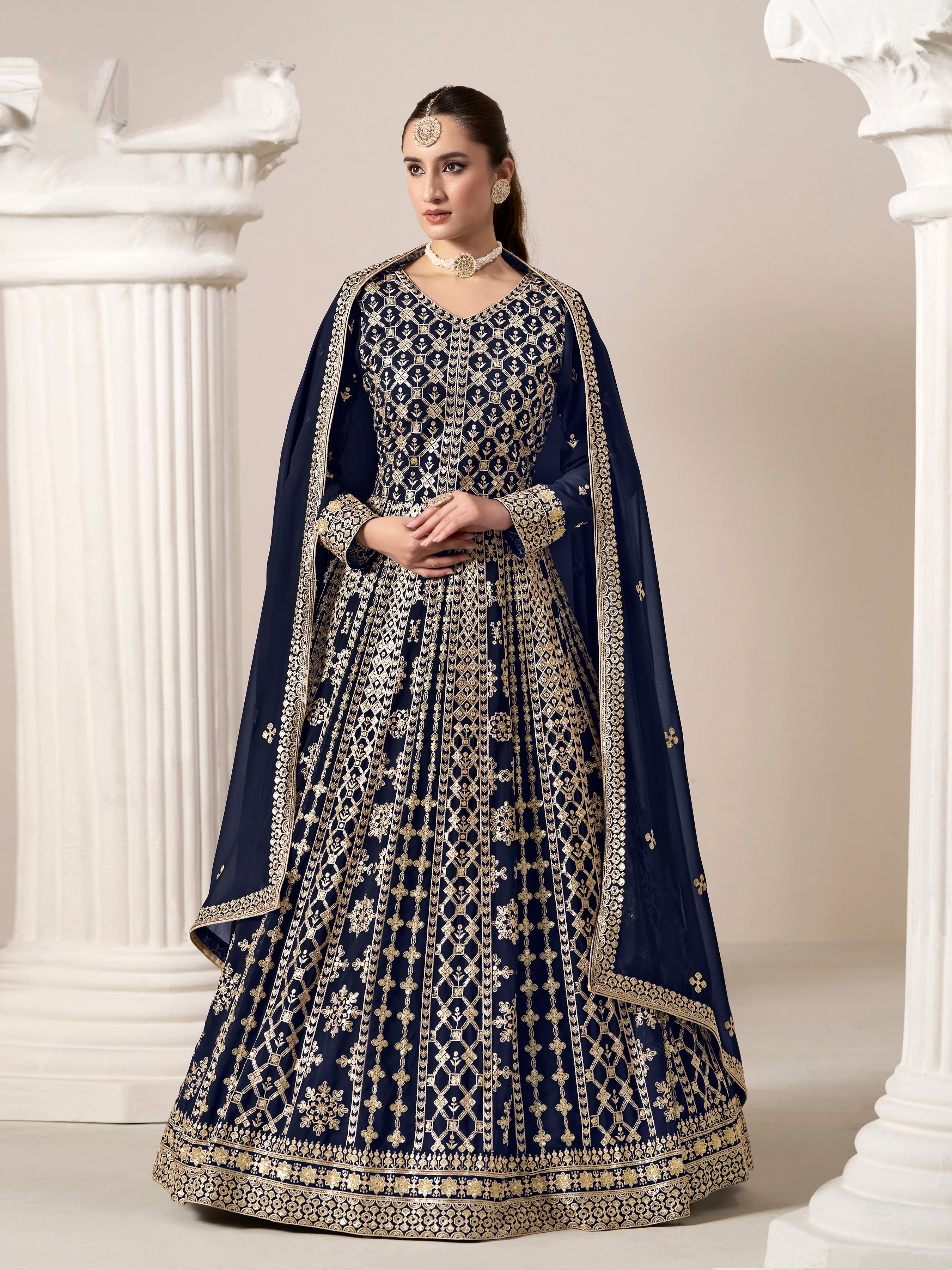 Blue Faux Georgette Embroidered  Anarkali Kurti With Bottom Dupatta