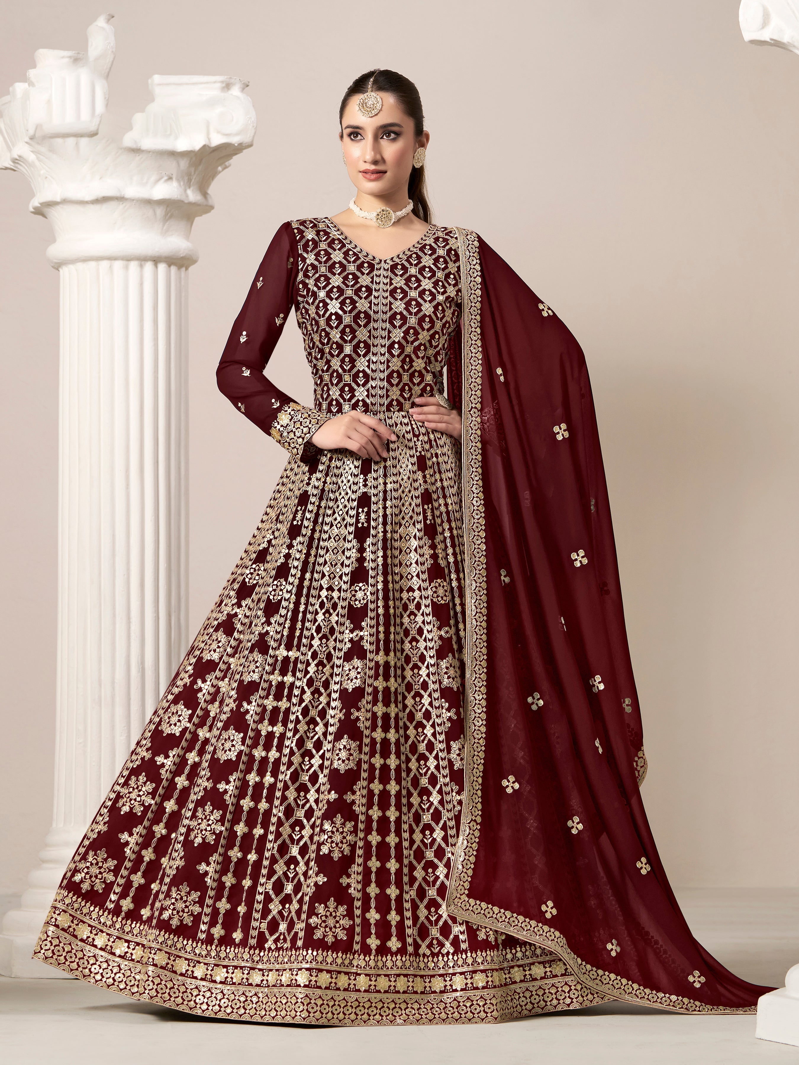 Maroon Faux Georgette Embroidered  Anarkali Kurti With Bottom Dupatta