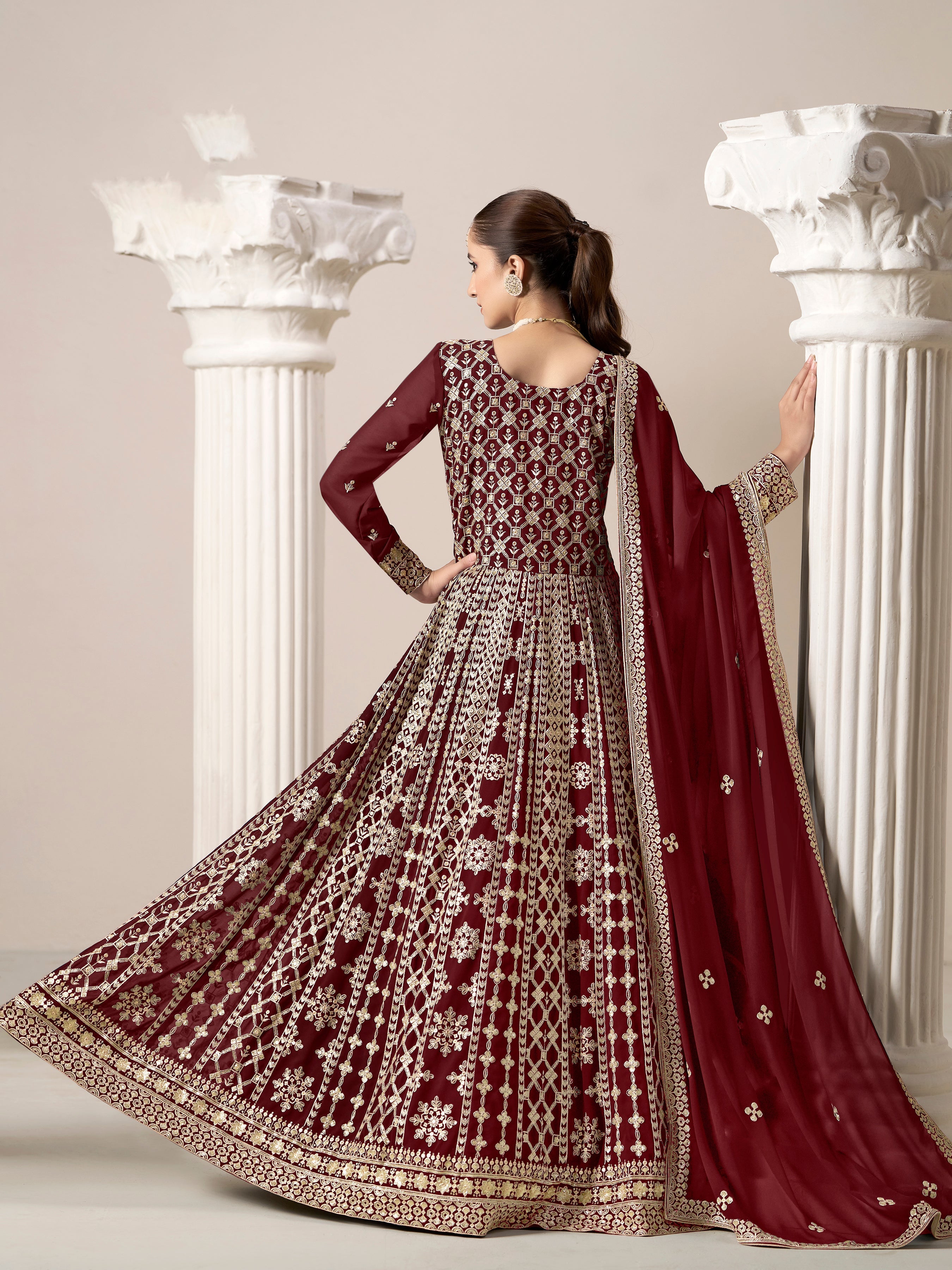 Maroon Faux Georgette Embroidered  Anarkali Kurti With Bottom Dupatta