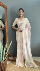 Cream Faux Georgette Hand Printed Ready to Wear Saree