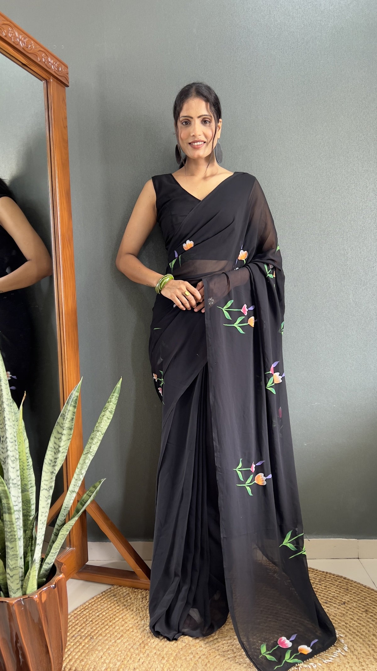 Black Faux Georgette Hand Printed Ready to Wear Saree