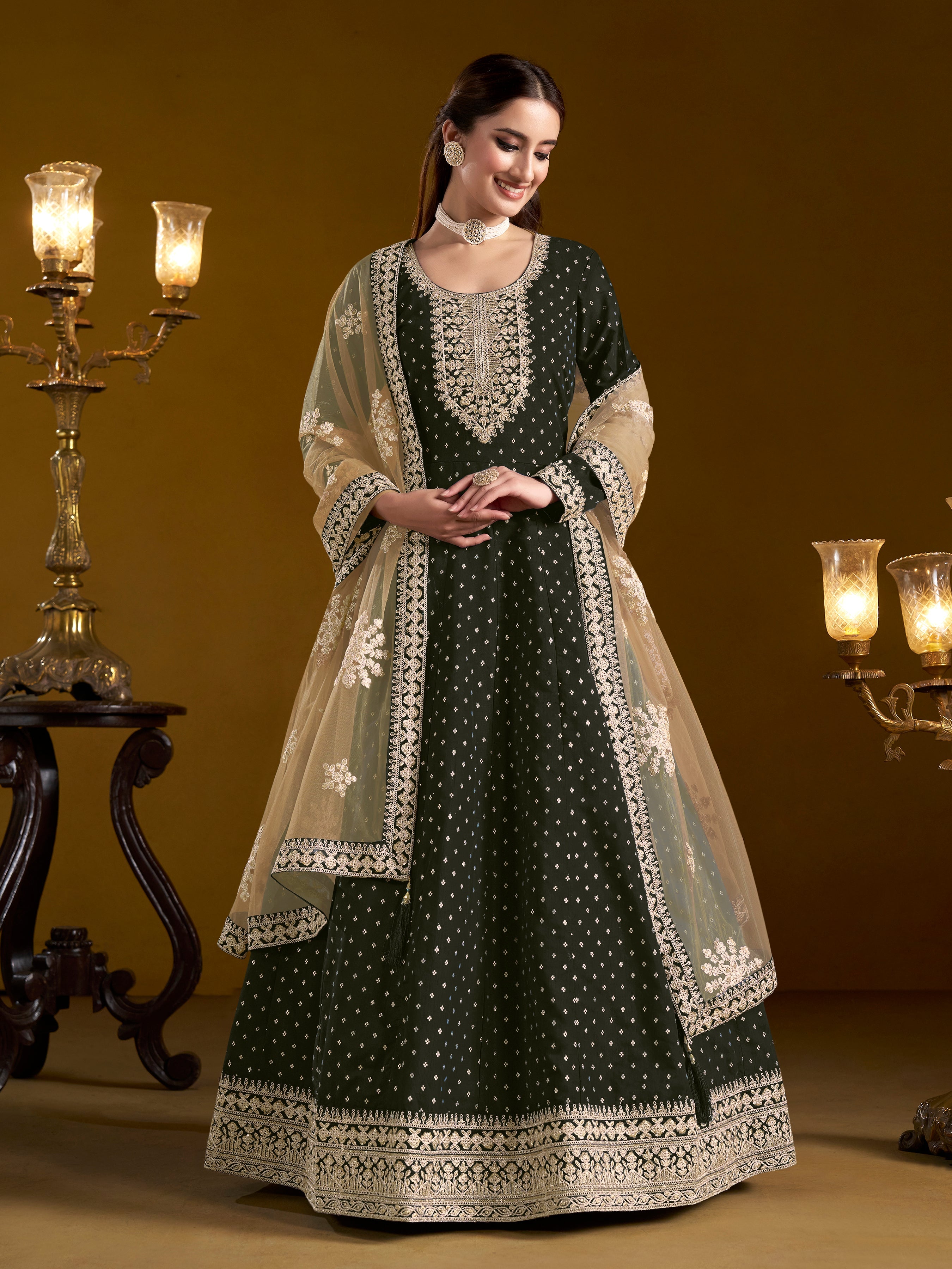 Black Chanderi Butti Woven Embroidered  Flared Gown