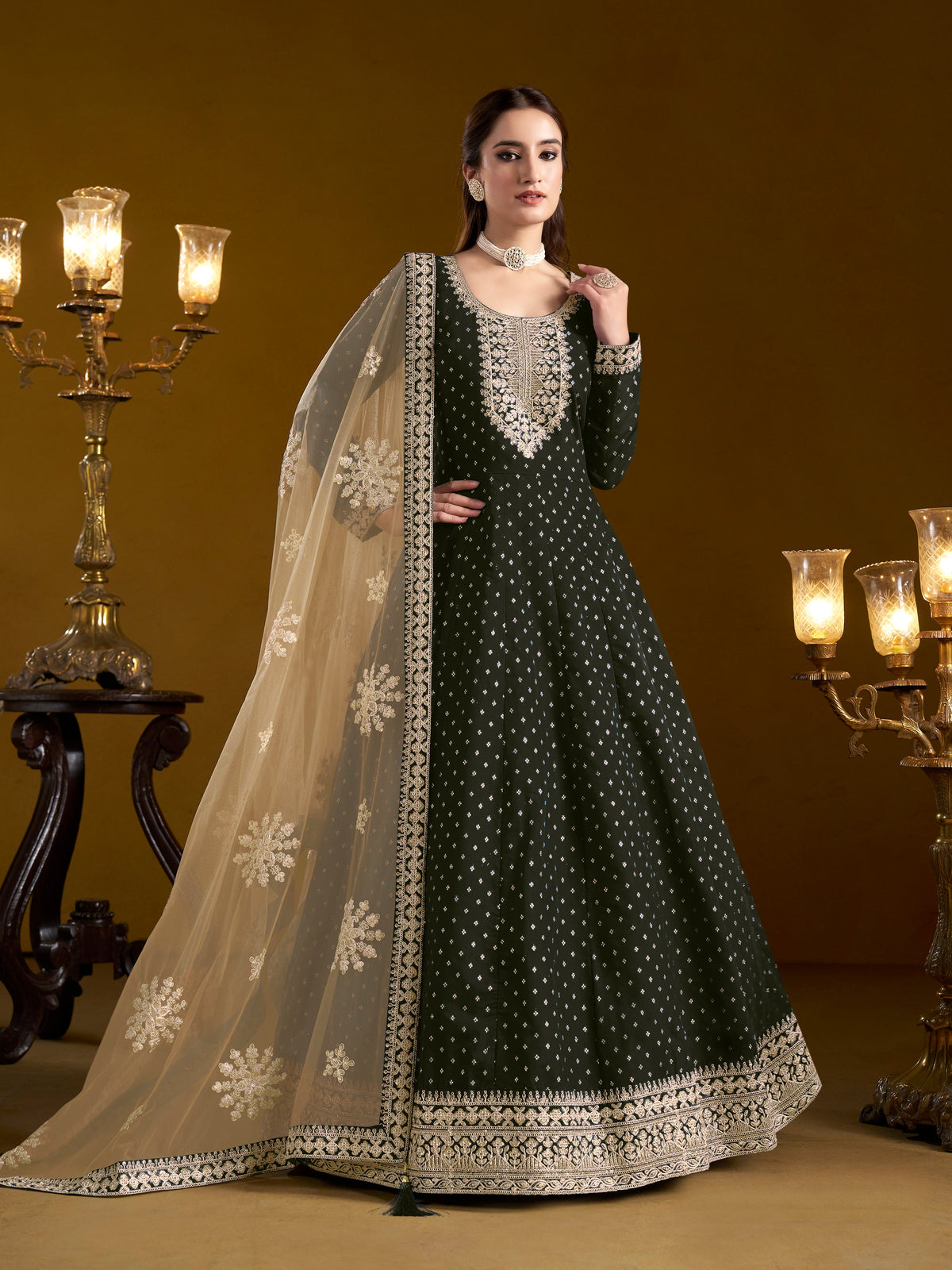 Black Chanderi Butti Woven Embroidered  Flared Gown