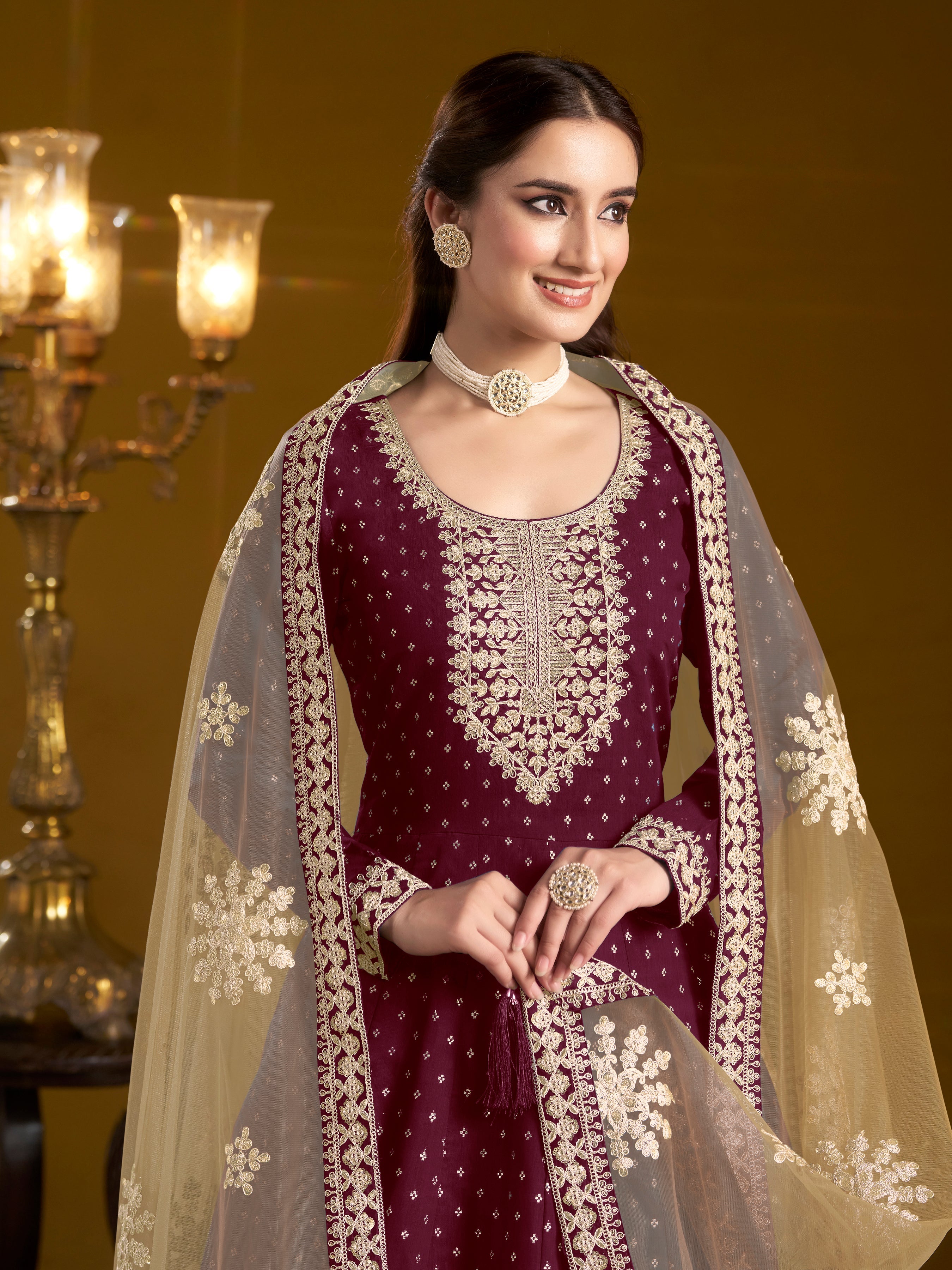 Wine Chanderi Butti Woven Embroidered  Flared Gown