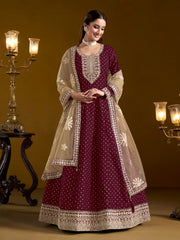 Wine Chanderi Butti Woven Embroidered  Flared Gown