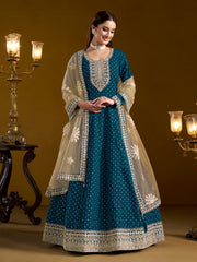 Teal Chanderi Butti Woven Embroidered  Flared Gown