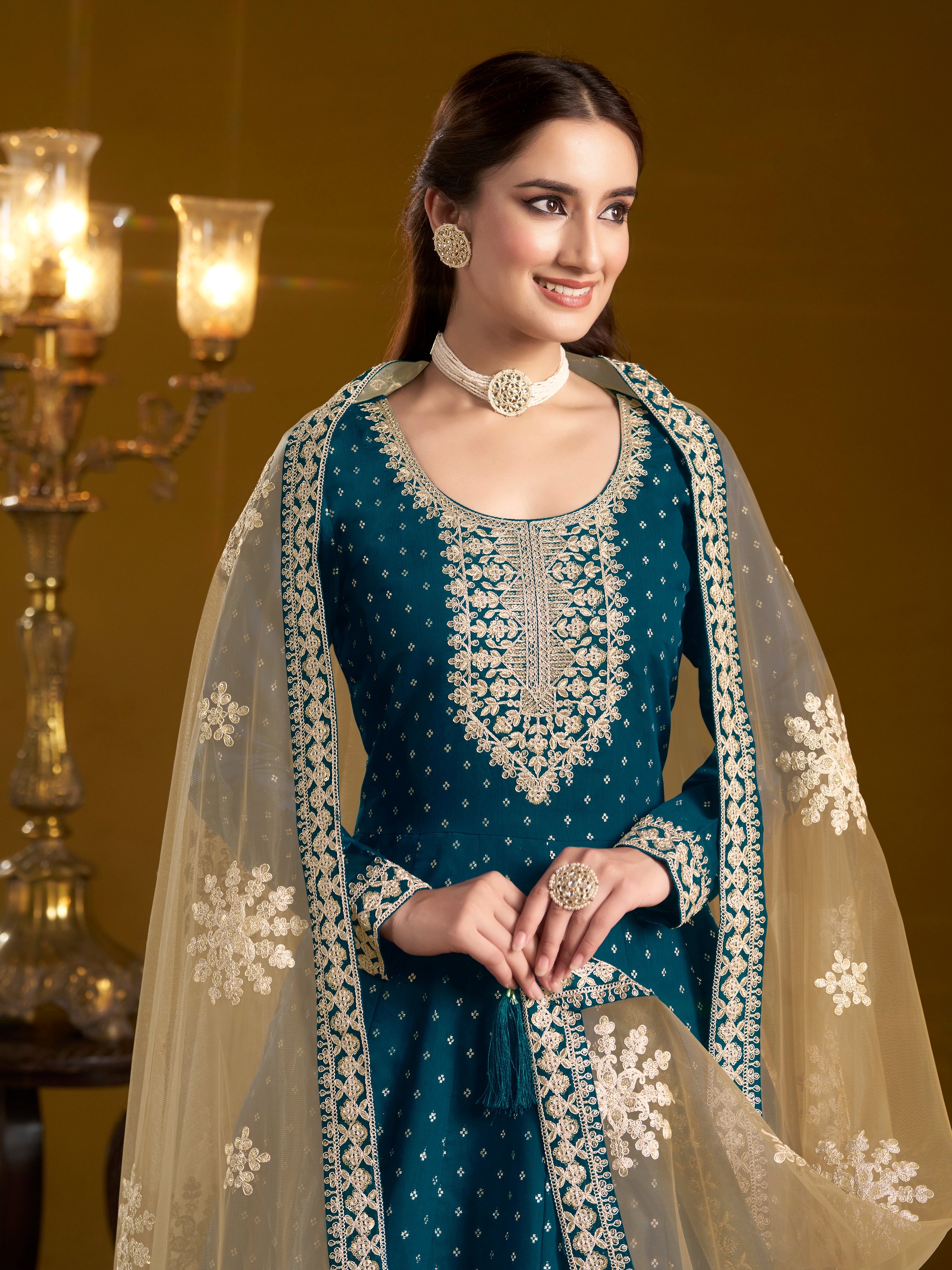 Teal Chanderi Butti Woven Embroidered  Flared Gown