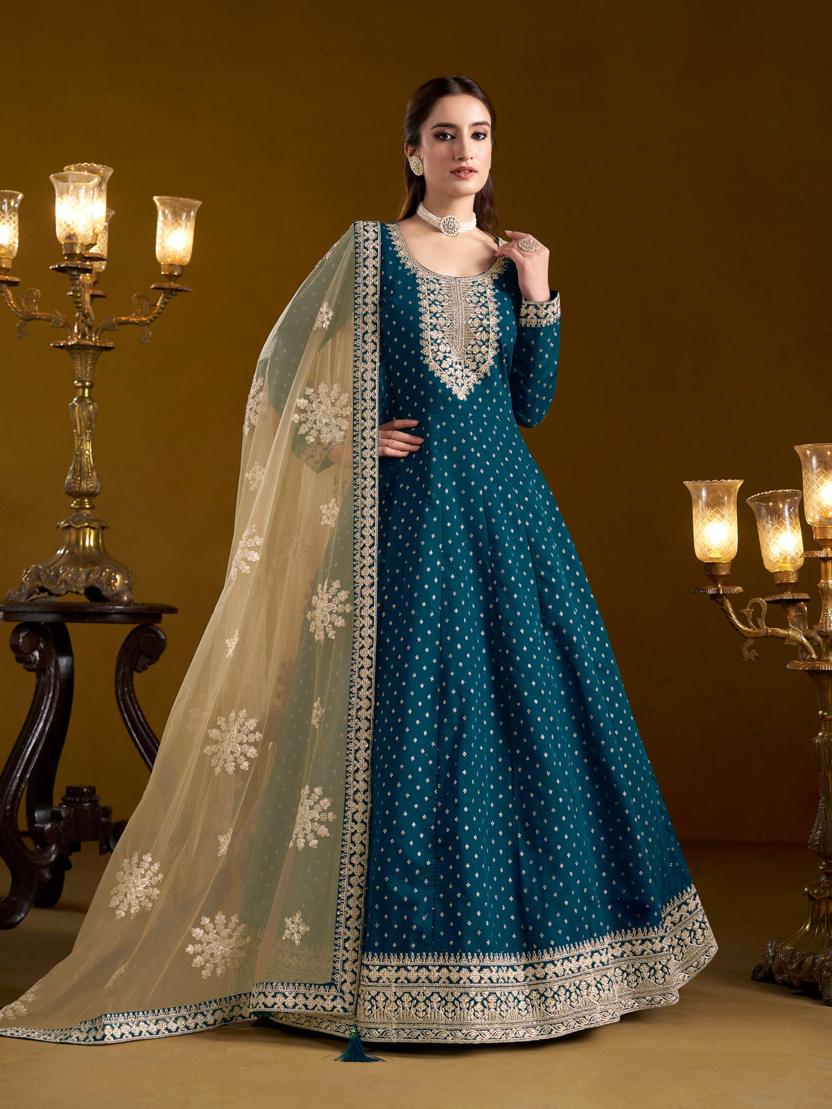 Teal Chanderi Butti Woven Embroidered  Flared Gown