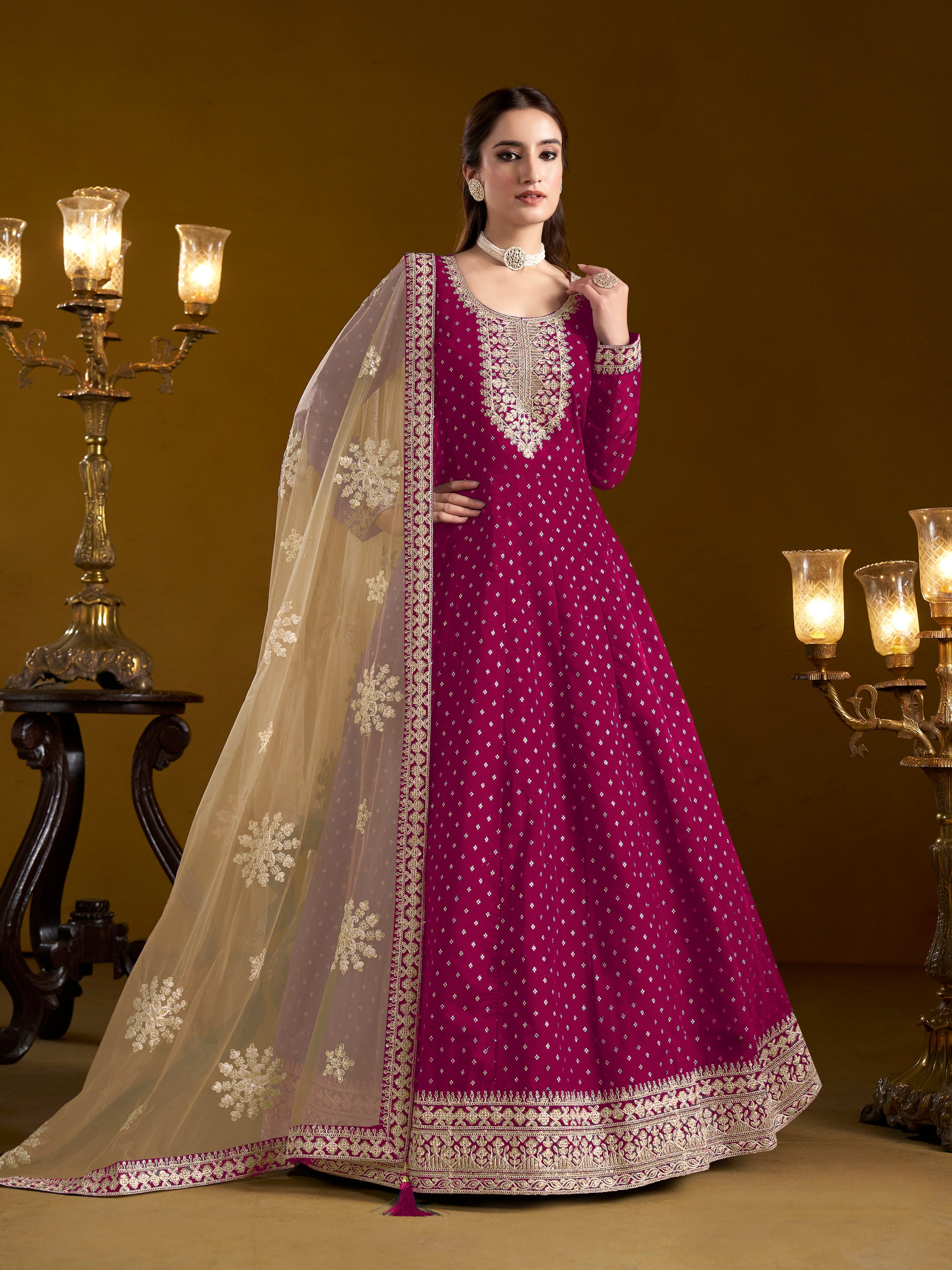 Pink Chanderi Butti Woven Embroidered  Flared Gown