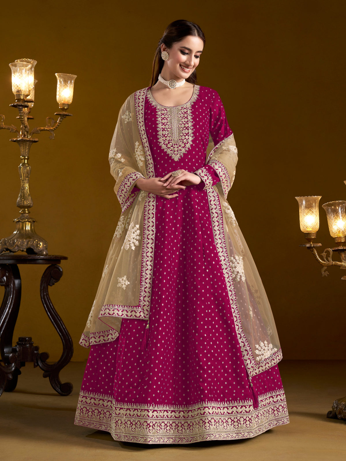 Pink Chanderi Butti Woven Embroidered  Flared Gown