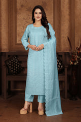 Blue Chanderi Sequins Embroidered  Kurti With Pant Dupatta