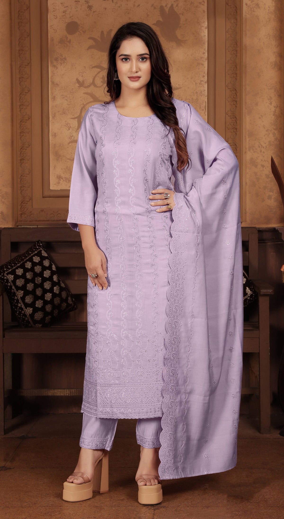 Lavender Chanderi Sequins Embroidered  Kurti With Pant Dupatta