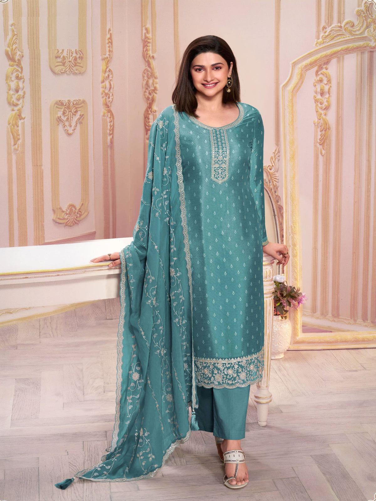 Sky Blue  Silk Georgette Embroidered  Salwar Suit With Pant Dupatta