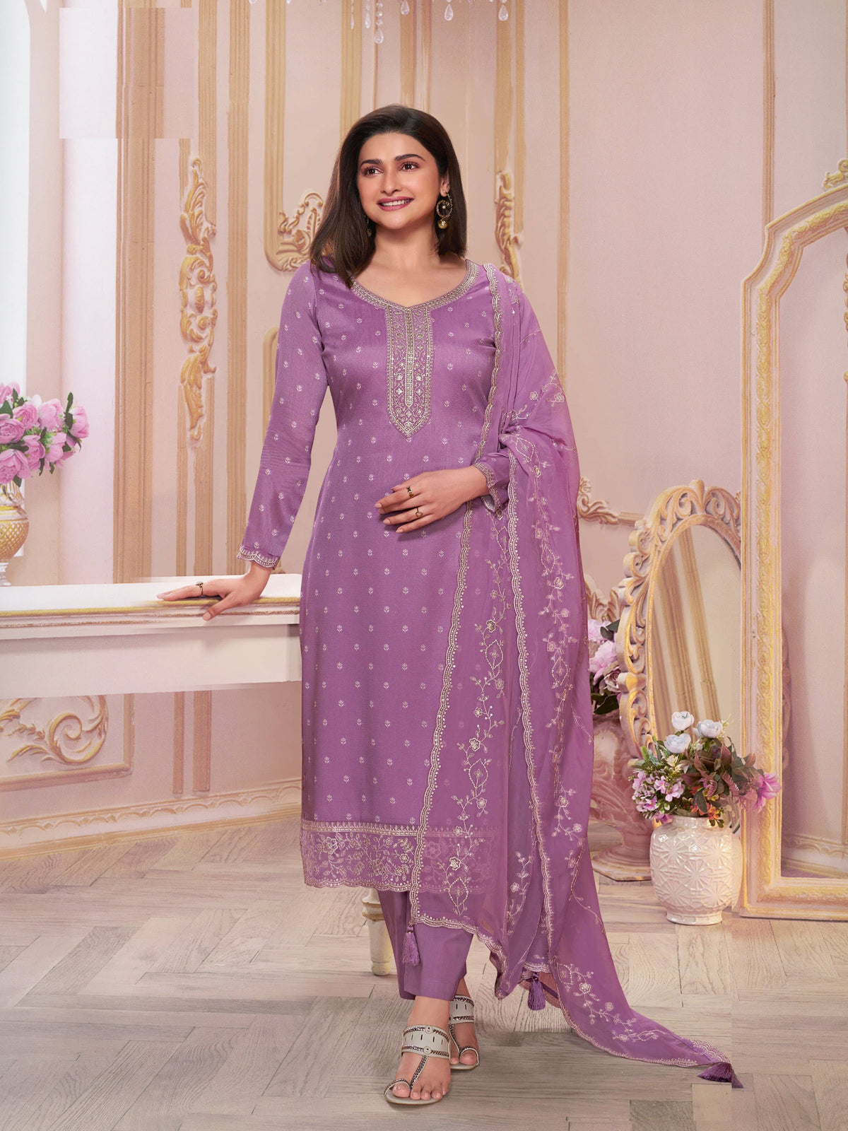 Purple  Silk Georgette Embroidered  Salwar Suit With Pant Dupatta