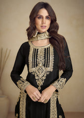 Costume Salwar brodé en georgette noire avec pantalon Dupatta