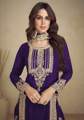 Purple Georgette Embroidered  Salwar Suit With Pant Dupatta