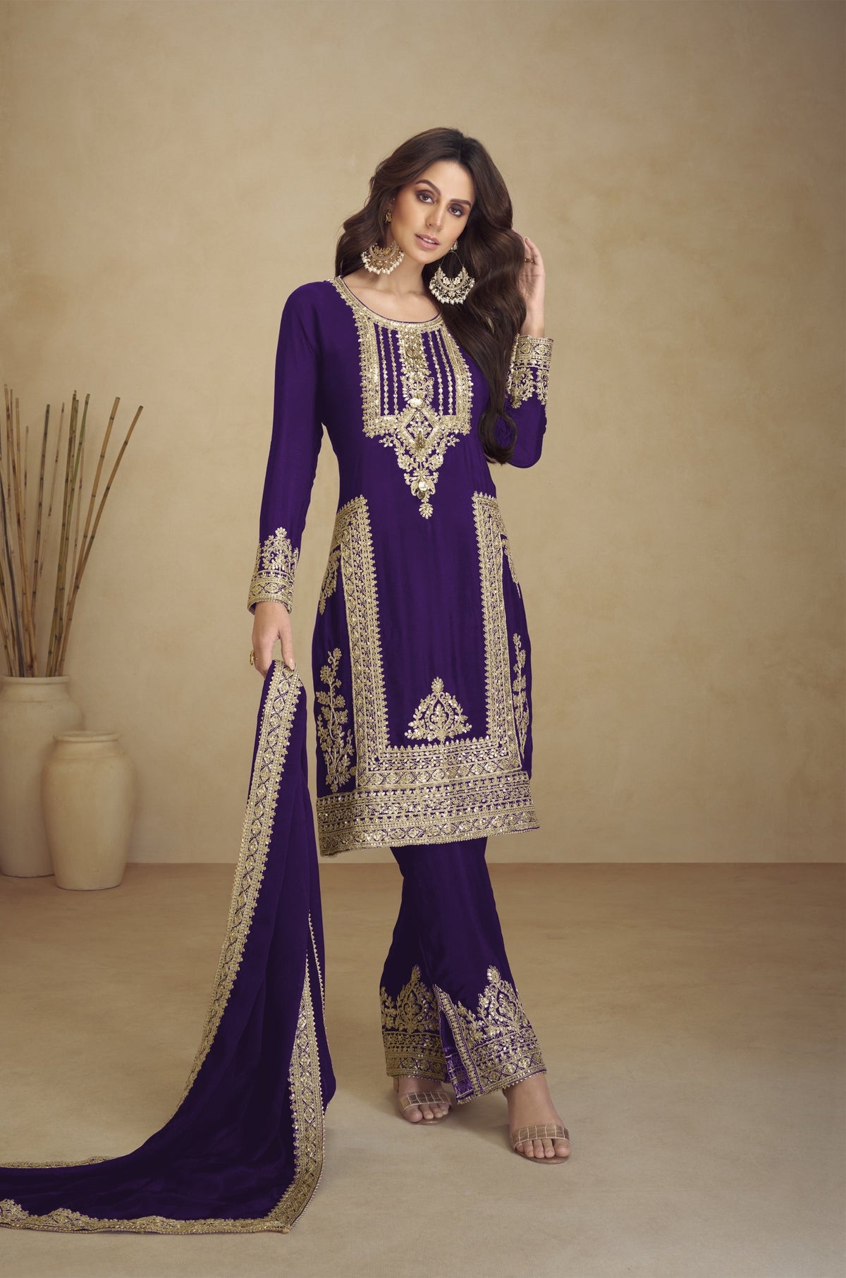 Purple Georgette Embroidered  Salwar Suit With Pant Dupatta