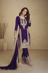 Purple Georgette Embroidered  Salwar Suit With Pant Dupatta