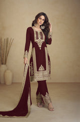 Costume Salwar brodé en georgette marron avec pantalon Dupatta