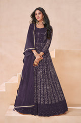 Wine Georgette Embroidered  Flared Gown With Bottom Dupatta